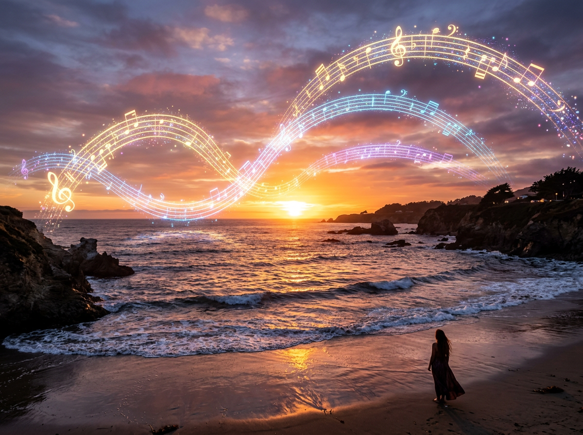 Silhouette of person on beach at sunset with colorful floating musical notes above ocean